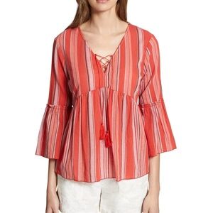 Sanctuary‎ Pink Red Tie Front Bohemian Blouse with Bell Sleeves Size Large